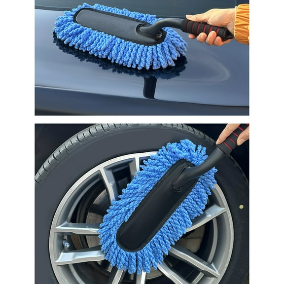 Car Dusting and Wash Mop | Soft Bristle Curved Pole Brush | Ergonomic Non-Slip Handle | Durable Non-Shedding Materials | Blue Finish | 48x20cm | 1 Piece