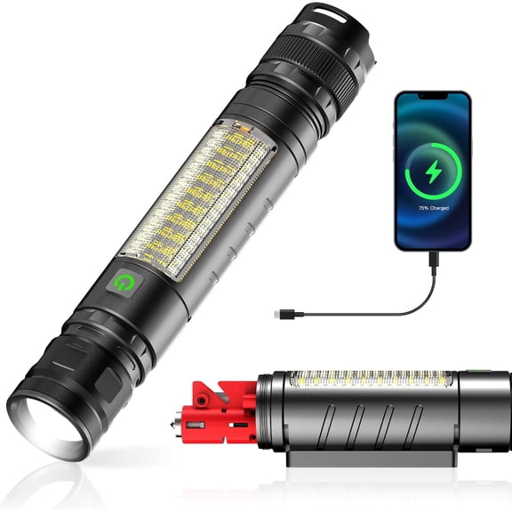 Car Emergency Escape Tool - 1300LM Zoomable Rechargeable Safety Flashlight with Magnetic Work Light,Car Window Breaker Seatbelt Cutter, Power Bank for Car Repair & Camping, Ideal Driver Gifts