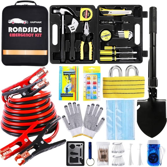 Car Emergency Kit,Emergency Roadside Kit for Car,Car Accessories for Women or Men,Car Safety Kit with Jumper Cables 11.8 FT,Tow Strap,Folding Survival Shovel,Roadside Emergency Kit
