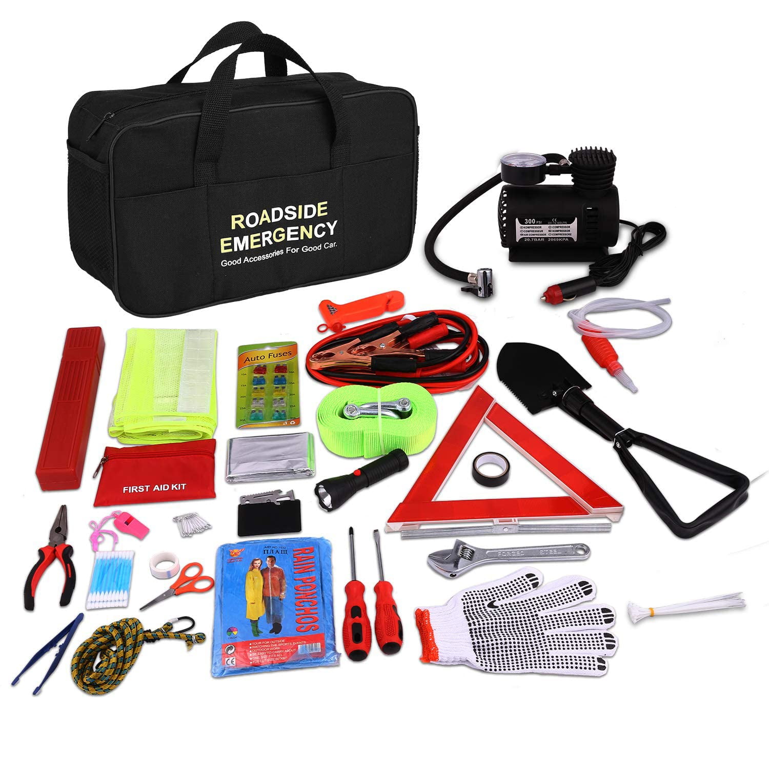 Cyecttr Roadside Emergency Kit with Jumper Cables Air Compressor Tow Rope Safety Hammer Auto Vehicle Assistance for Women and at MechanicSurplus.com