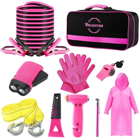 Car Emergency Kit, Pink Roadside Emergency Car Kit with Jumper Cables, Tow Rope, Safety Hammer, Pink Car Accessories for Women