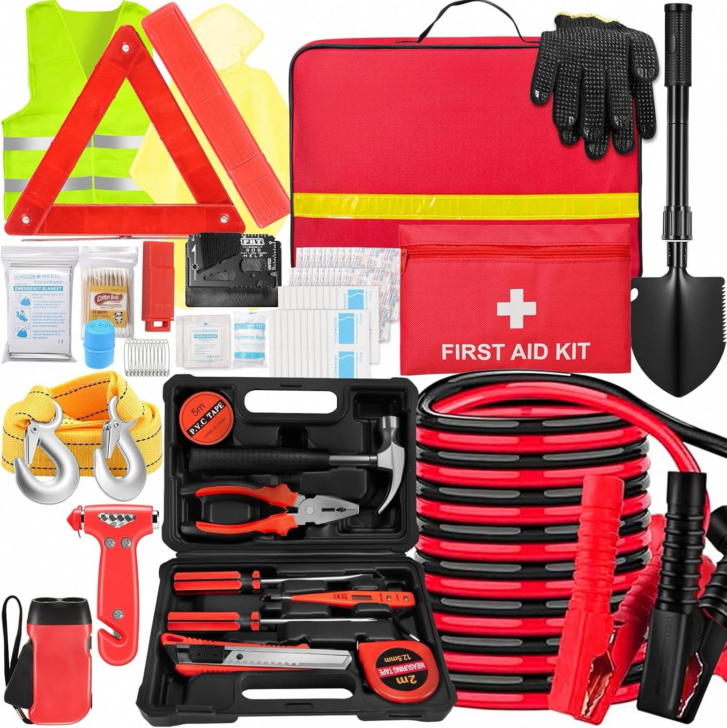 Car Emergency Kit - Roadside Assistance Kit with 10FT Jumper Cables, Tow Strap, Tool Kit, Reflective Warning Triangle, Road Trip Essentials, for New Drivers, Teens