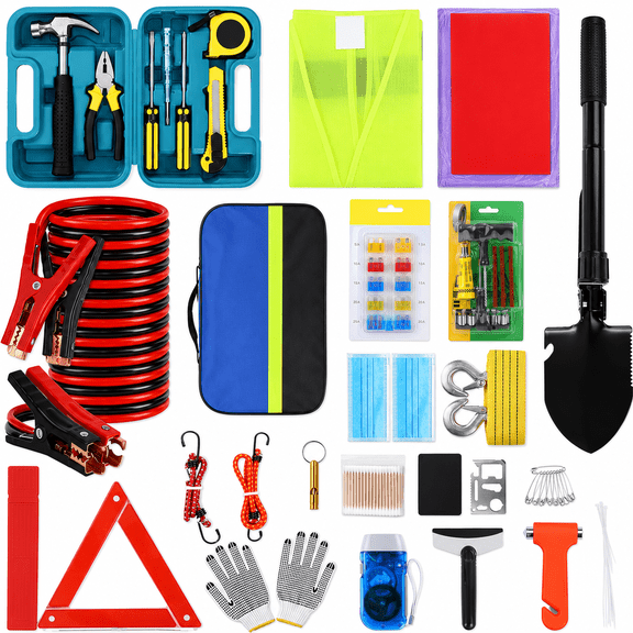 Car Emergency Kit, Roadside Assistance Kit with Jumper Cables, Tow Rope, Shovel, Flashlight for Car, SUV, Truck