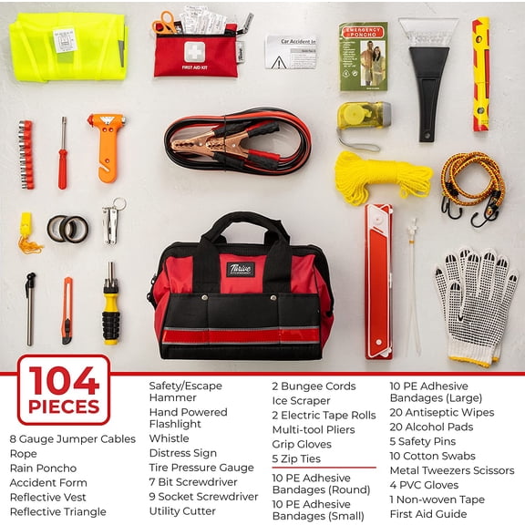 Car Emergency Kit & Roadside Emergency Car Kit - 104-Piece Set, Red Canvas Bag, Universal Fit - Jumper Cables, Escape Hammer & Tire Gauge - Road Trip Essentials & Emergency Supplies