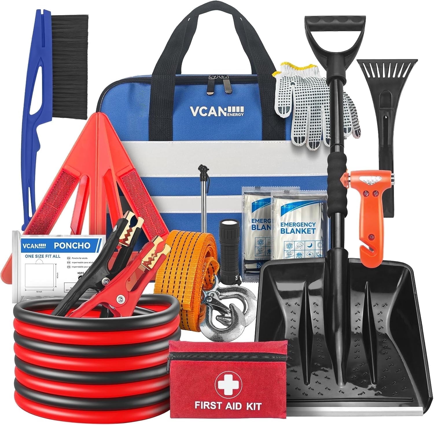 VCANENERGY 86-Piece Car Emergency Kit with Jumper Cables, First Aid Kit & Detachable Snow Shovel for Roadside Assistance & Winter Travel