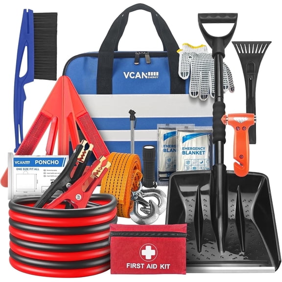 VCANENERGY 86-Piece Car Emergency Kit with Jumper Cables, First Aid Kit & Detachable Snow Shovel for Roadside Assistance & Winter Travel