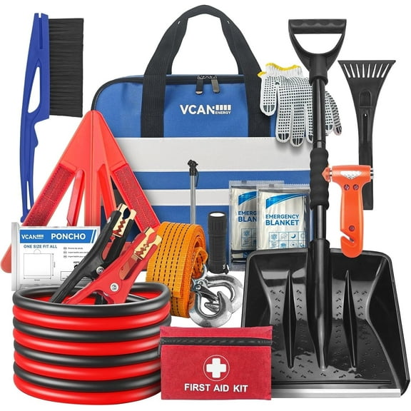 VCANENERGY 86-Piece Car Emergency Kit with Jumper Cables, First Aid Kit & Detachable Snow Shovel for Roadside Assistance & Winter Travel