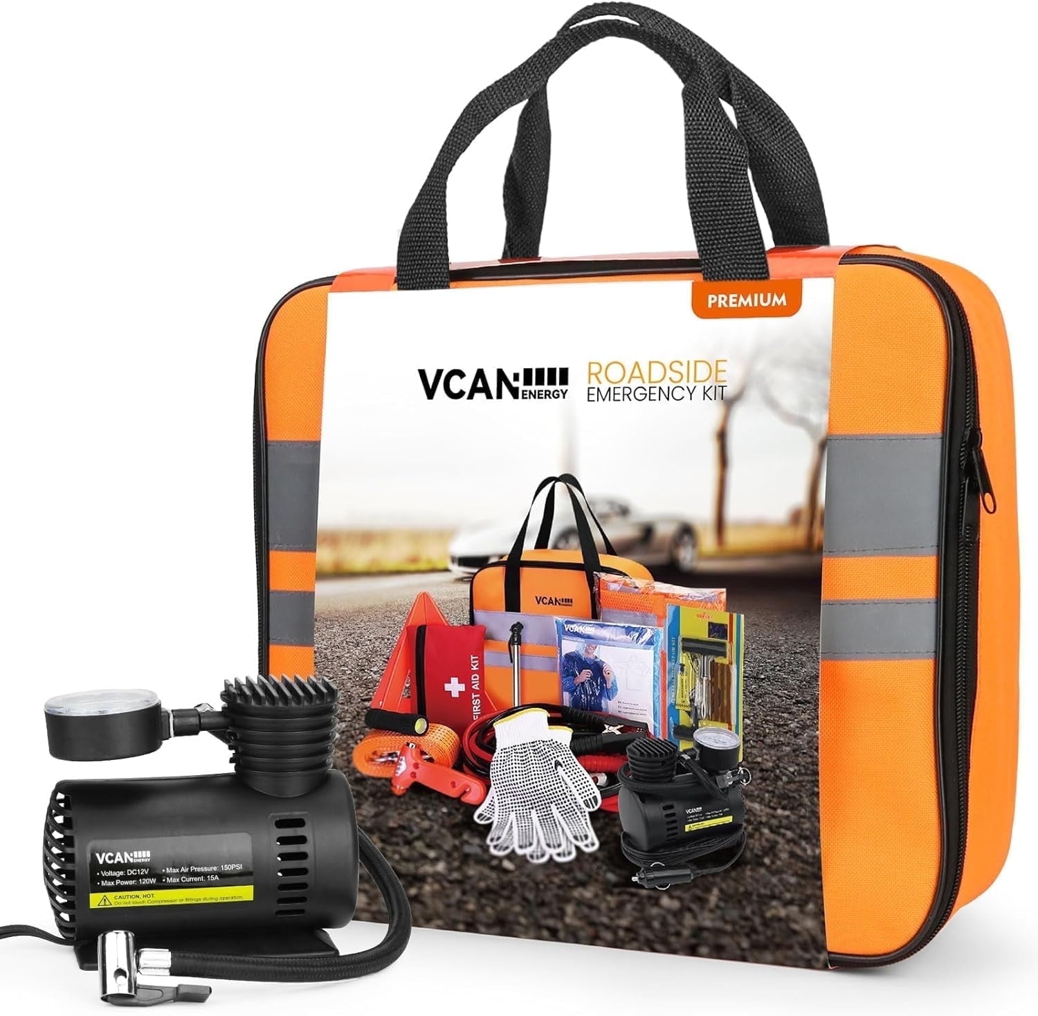VCANENERGY Roadside Car Emergency Safety Kit with Portable Air Compressor, Jumper Cables, First Aid Kit