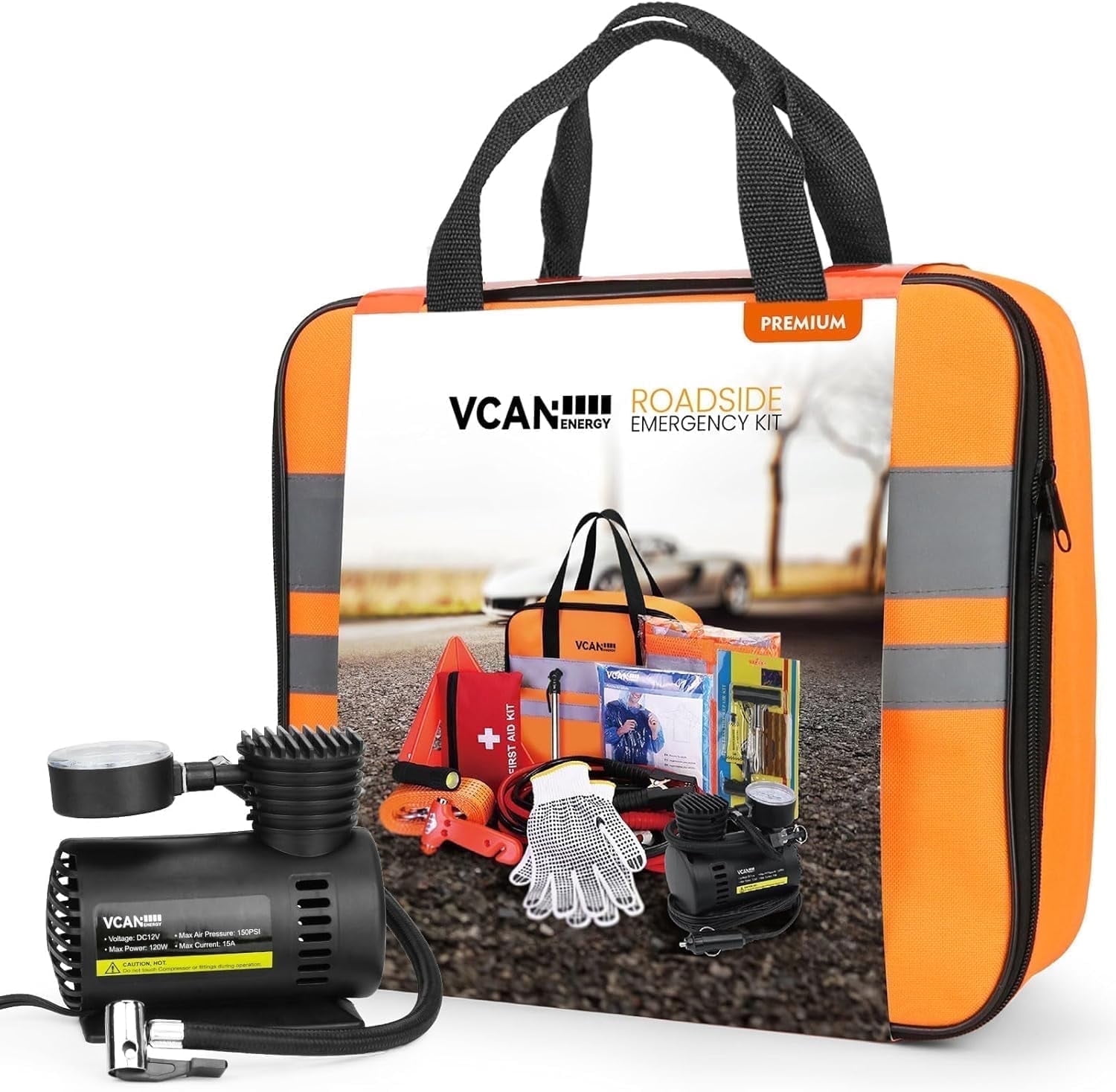 VCANENERGY 43-Piece Car Emergency Safety Kit with Portable Air Compressor, Jumper Cables & First Aid Kit for Roadside Assistance for All Drivers