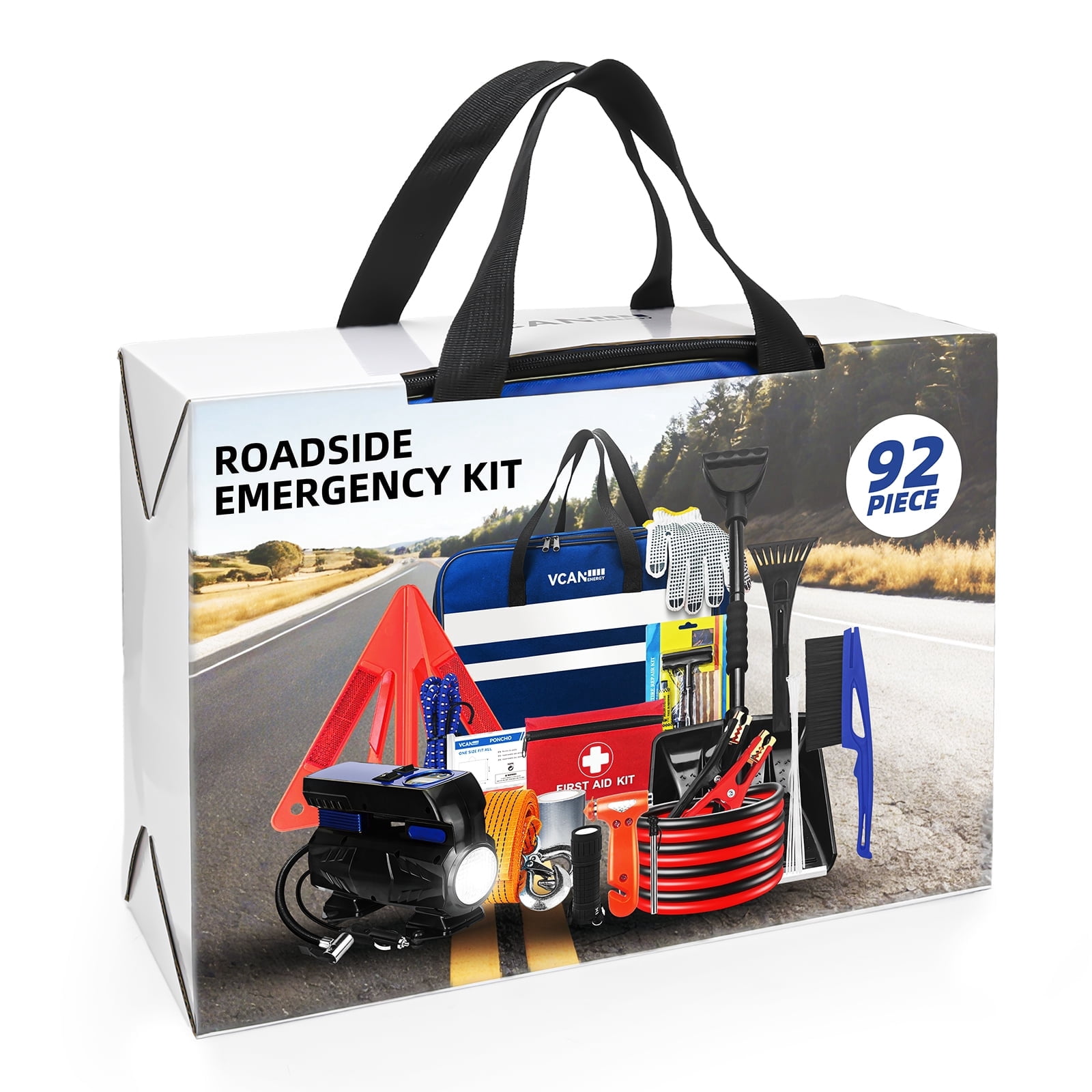 Car Emergency Safety Kit with Digital Air Compressor, Jumper Cables, First Aid & Detachable Snow Shovel for All Drivers