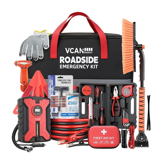 Car Emergency Safety Kit with Portable Air Compressor, Jumper Cables, First Aid Kit, Snow Brush & Ice Scraper