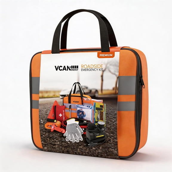 Car Emergency Safety Kit with Portable Air Compressor, Jumper Cables, First Aid Kit, Tire Pressure Gauge, Roadside Assistance Essentials