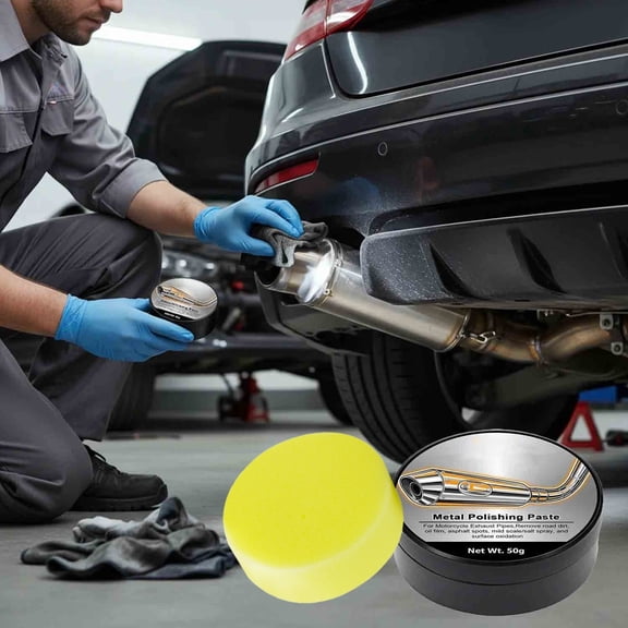Car Exhaust Pipe Cleaning Polishing Paste 1.76 Oz with Sponge, Removes Rust Carbon Deposits Oxidation, Restores Shiny Metallic Finish, Safe for Stainless Steel Chrome Metal Tips