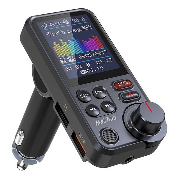 Car FM-BT 5.3 Transmitter with 1.8" Touchscreen, QC3.0 Fast Charging, Hands-Free Calling & Bass Boost for In-Car Entertainment