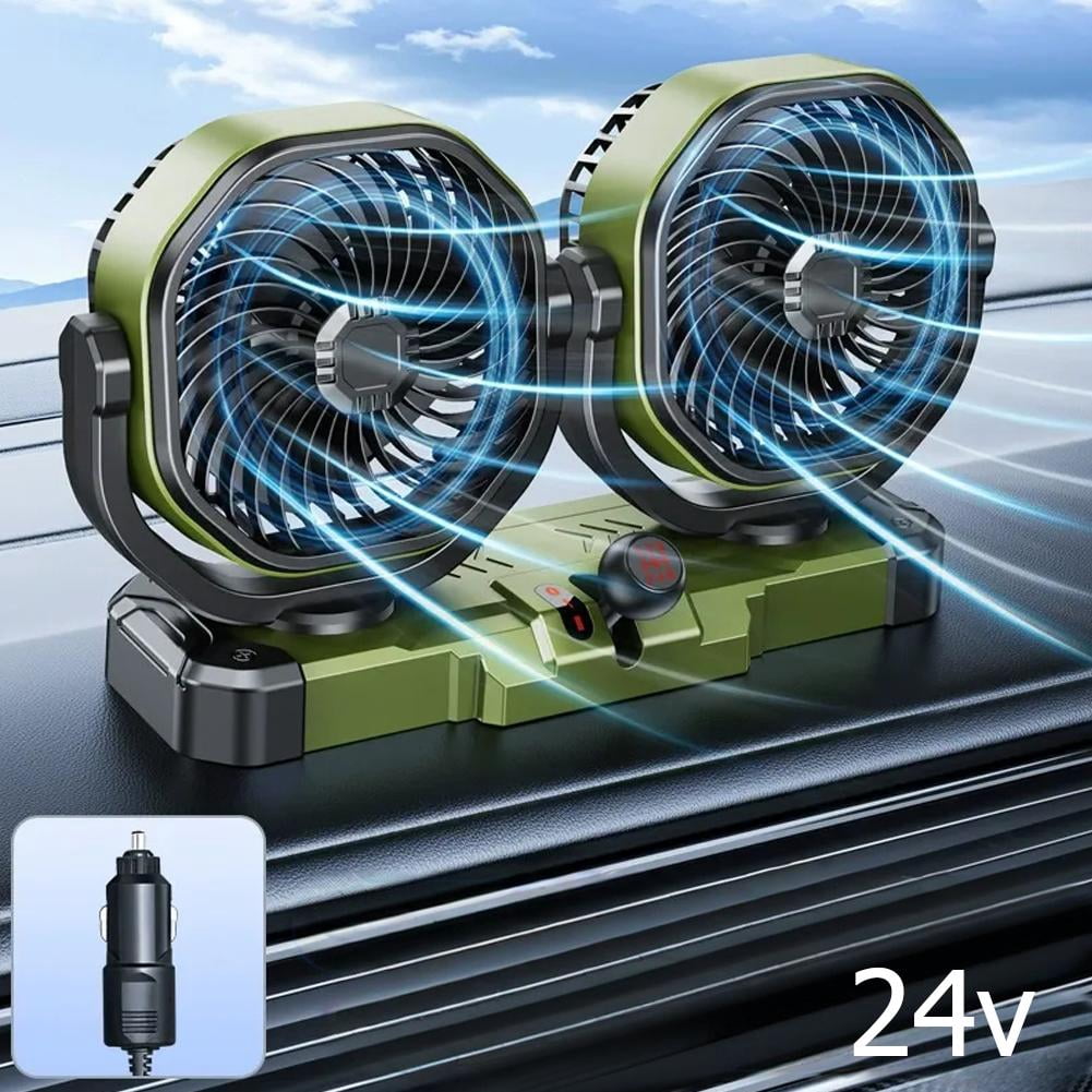 Car Fan Adjustable Dual Head, 360° Rotatable Car Clip Fan for Front/Rear Seat Passenger Car Essentials Cooler, Strong Wind Electric Air Circulation Fans for Car Truck SUV Van Boat - 24V