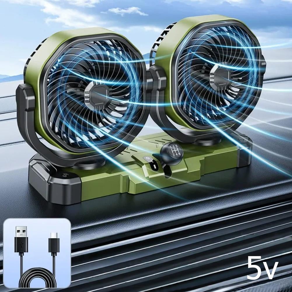 Car Fan Adjustable Dual Head, 360° Rotatable Car Clip Fan for Front/Rear Seat Passenger Car Essentials Cooler, Strong Wind Electric Air Circulation Fans for Car Truck SUV Van Boat - 5V