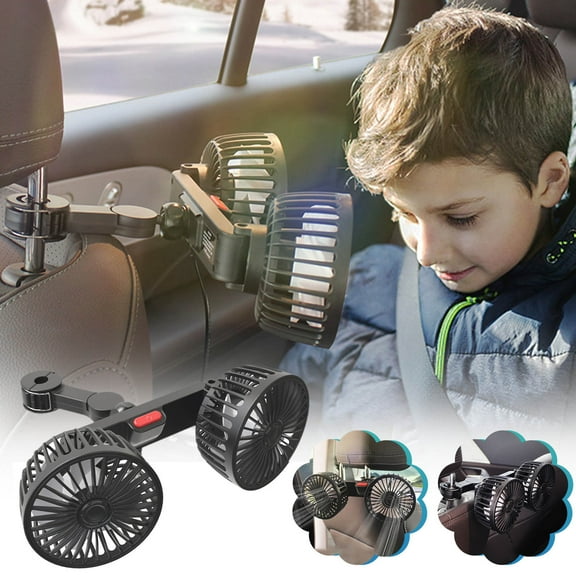 Car Fan for Backseat, Electric Portable Vehicle Fan, USB Powered Dual Head Car Seat Fans, 360° Rotatable Car Window Fan, Powerful Air Circulation Car Rear Fan with Adjustable Holder for All Cars