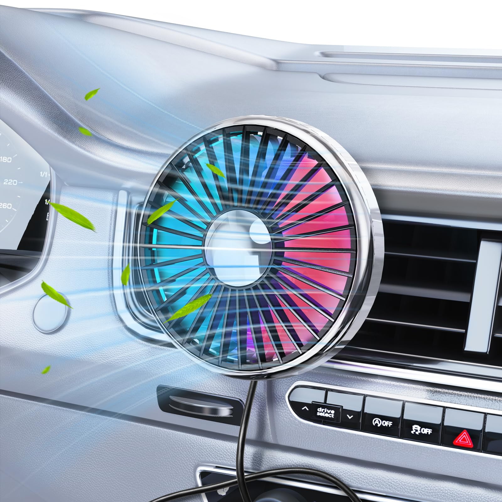 Car Fan USB Powered for Air Vent ,360° Rotatable Colorful Light ...