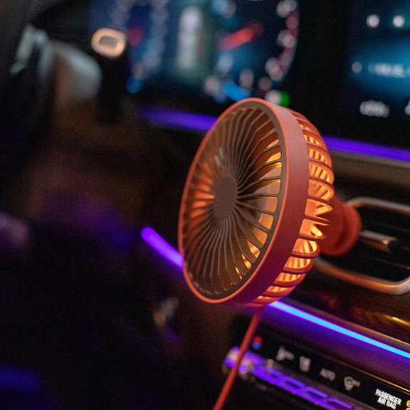 Car Fan with Ambient Light 12V-24V USB Car Fan 3 Wind Speed A/C Vent Clip Fan 360 Degree Rotatable Portable Fan Red