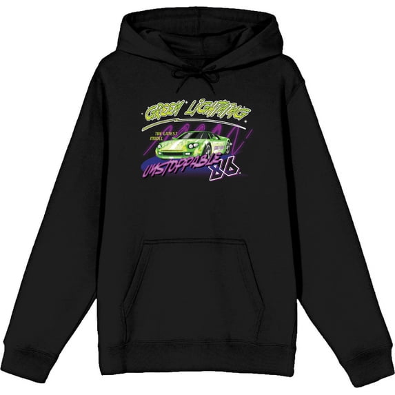 Car Fanatic Green Lightning Adult Black Long Sleeve Hoodie-Small