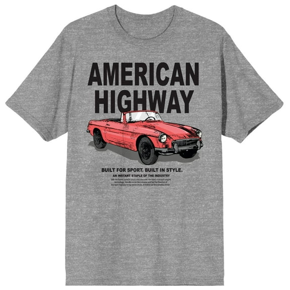 Car Fanatic Red Vintage Car American Highway Men's Gray Graphic Tee-Medium