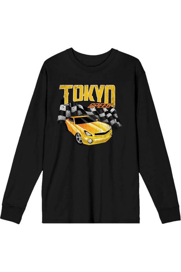 Car Fanatic - Tokyo Speed Racing Flag and Yellow Car Adult Black Crew Neck Long Sleeve Tee-Medium