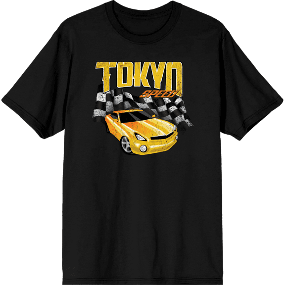 Car Fanatic - Tokyo Speed Racing Flag and Yellow Car Adult Black Crew Neck Short Sleeve Tee-3XL