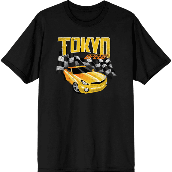 Car Fanatic - Tokyo Speed Racing Flag and Yellow Car Adult Black Crew Neck Short Sleeve Tee-XS