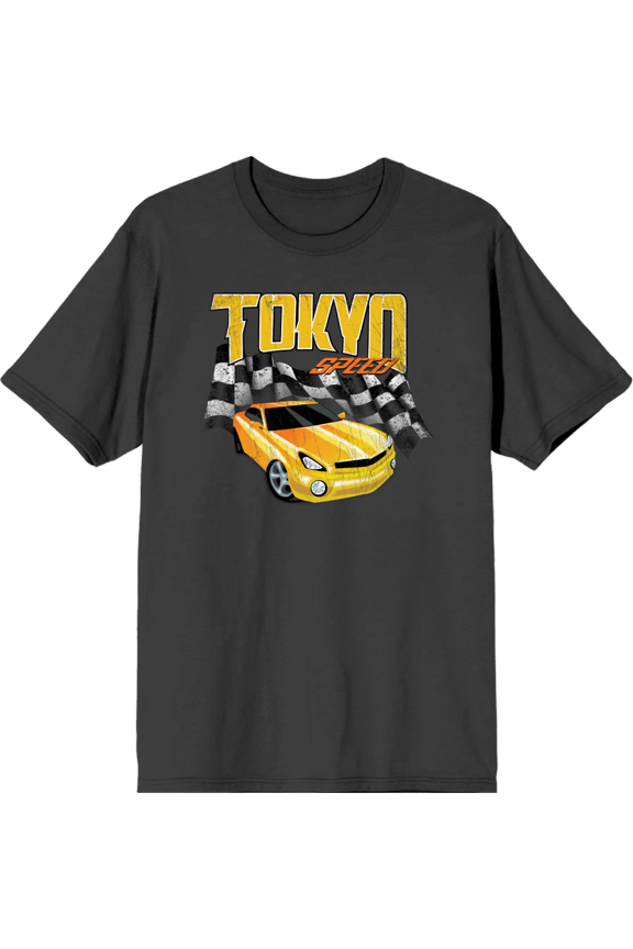Car Fanatic - Tokyo Speed Racing Flag and Yellow Car Adult Charcoal Crew Neck Short Sleeve Tee-Large