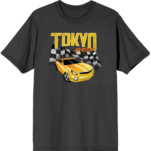 Car Fanatic - Tokyo Speed Racing Flag and Yellow Car Adult Charcoal Crew Neck Short Sleeve Tee-Medium