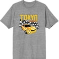 thumbnail image 1 of Car Fanatic - Tokyo Speed Racing Flag and Yellow Car Adult Heather Gray Crew Neck Short Sleeve Tee-Medium, 1 of 2