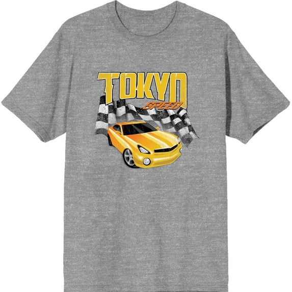 Car Fanatic - Tokyo Speed Racing Flag and Yellow Car Adult Heather Gray Crew Neck Short Sleeve Tee-Medium