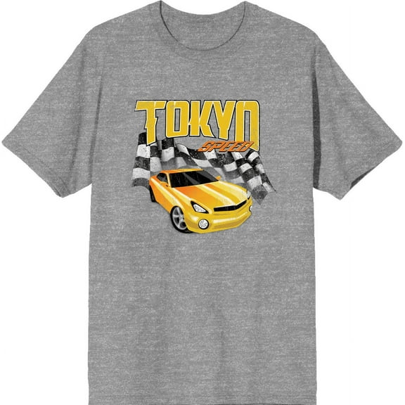 Car Fanatic - Tokyo Speed Racing Flag and Yellow Car Adult Heather Gray Crew Neck Short Sleeve Tee-XL