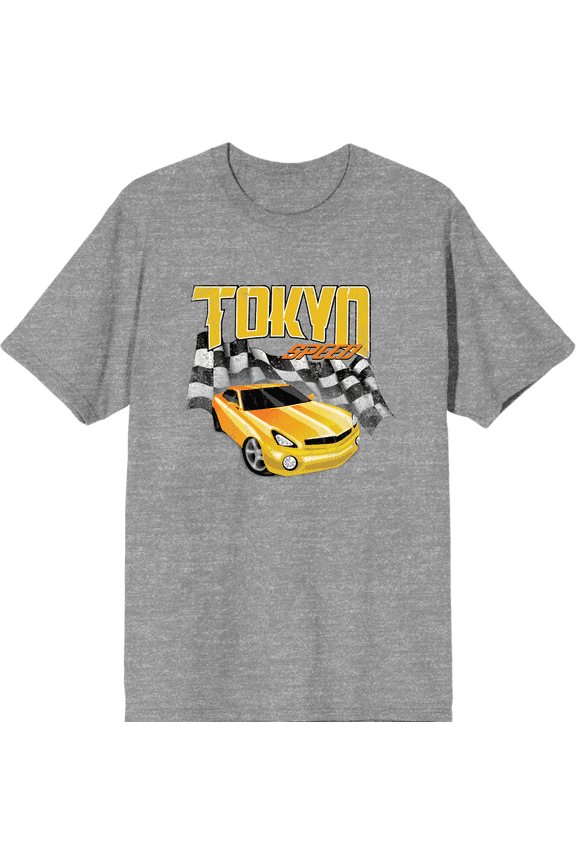 Car Fanatic - Tokyo Speed Racing Flag and Yellow Car Adult Heather Gray Crew Neck Short Sleeve Tee-XL