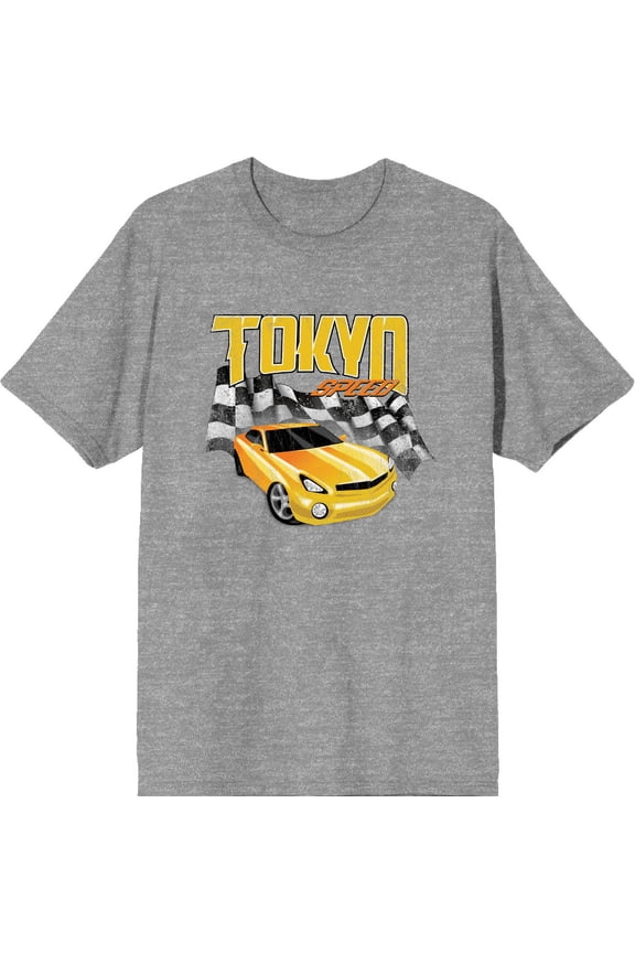 Car Fanatic - Tokyo Speed Racing Flag and Yellow Car Adult Heather Gray Crew Neck Short Sleeve Tee-XS