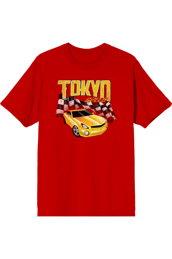 Car Fanatic - Tokyo Speed Racing Flag and Yellow Car Adult Red Crew Neck Short Sleeve Tee-Medium