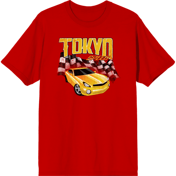 Car Fanatic - Tokyo Speed Racing Flag and Yellow Car Adult Red Crew Neck Short Sleeve Tee-Small