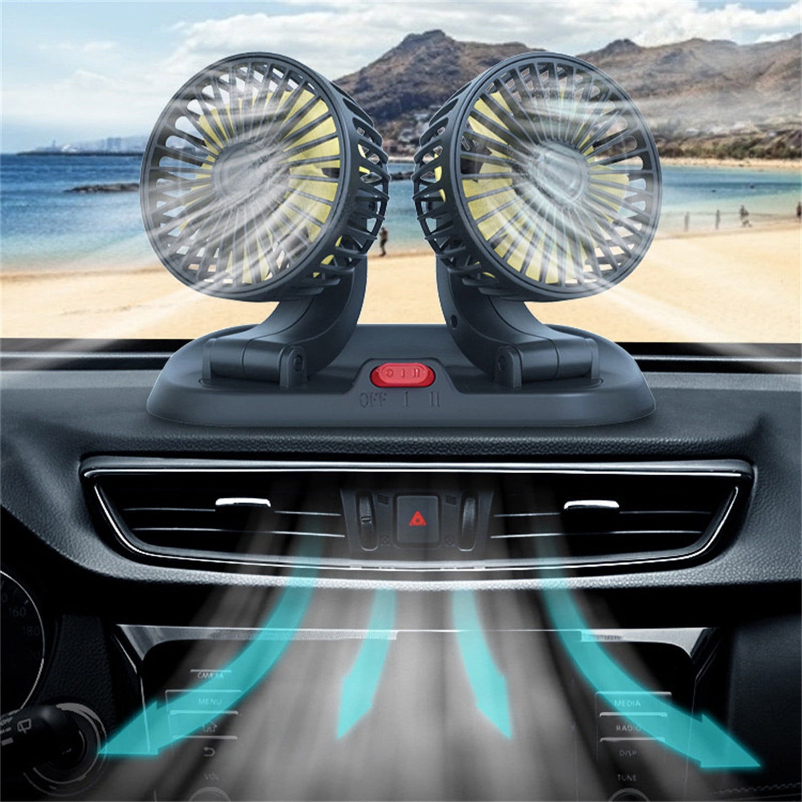 Car Fans That Blow Cold Air USB, Dual Head USB Fan for Car, Portable Vehicle Cooling Fan with LED Lights - 2 Speeds, 360° Rotation For/Home/Office/Car Dashboard Suv, Rv, Truck, Sedan, USB Powered