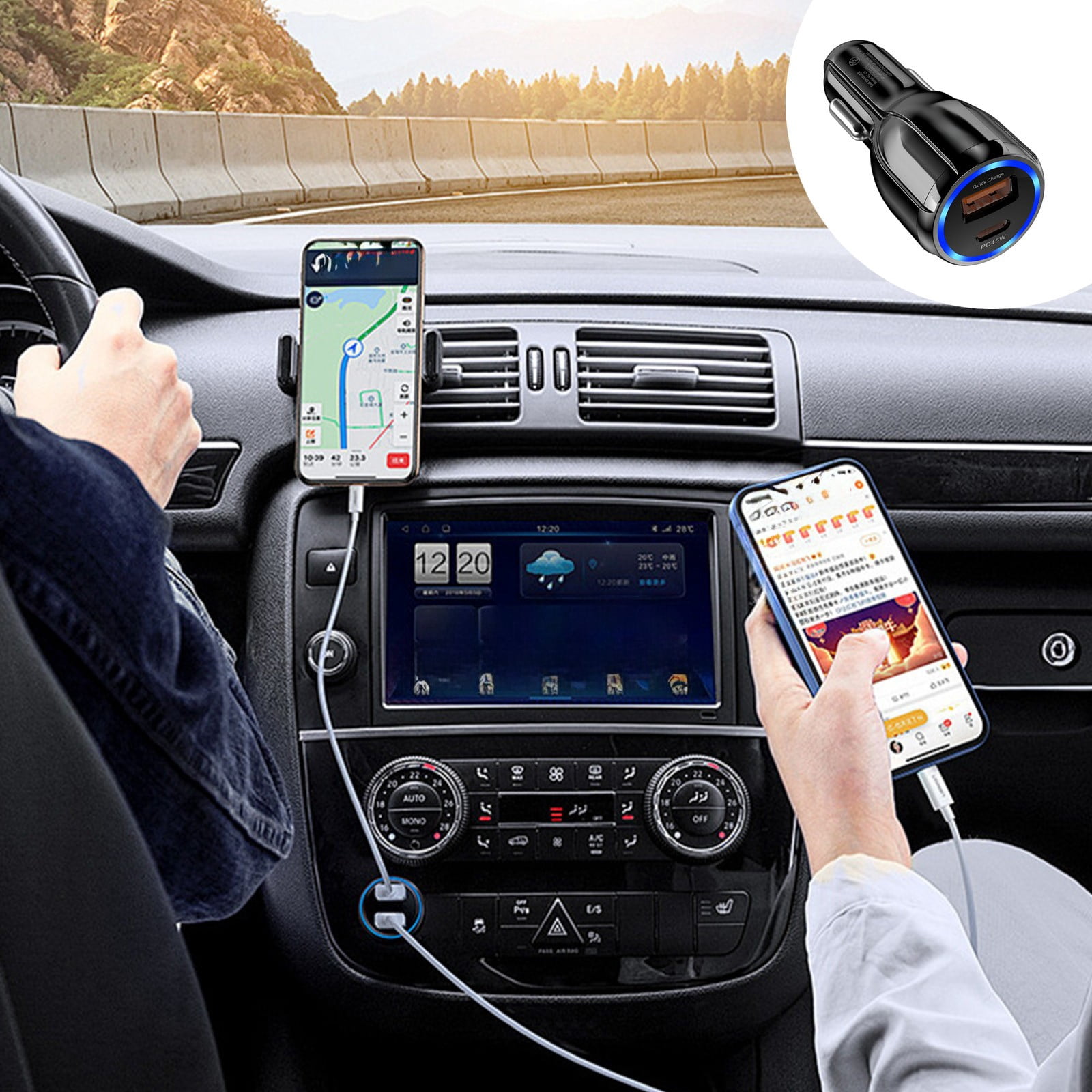 Car Fast Charger 72W Dual USB-C Ports, PD45W+QC27W Quick Charge Vehicle Adapter for Cigarette Lighter, Smart Protection Compact Car Phone Charger