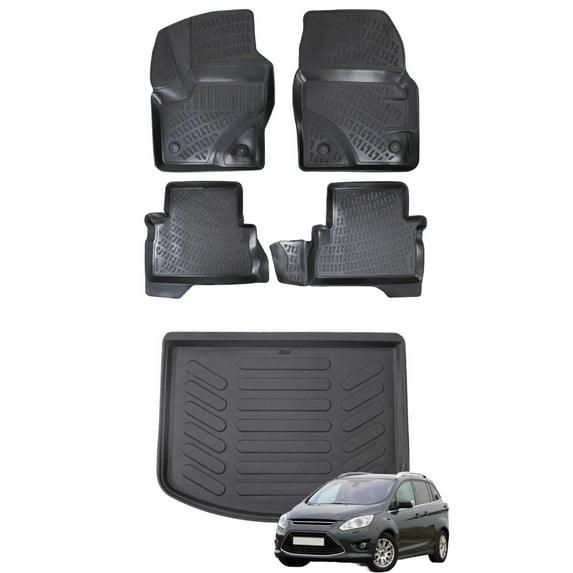 Car Floor Mats + Cargo Liner (Full SET) Compatible for Ford C-Max 2012-2018 Waterproof | All Weather