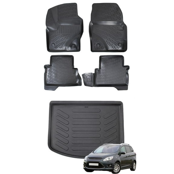 Car Floor Mats + Cargo Liner (Full SET) Compatible for Ford C-Max 2012-2018 Waterproof | All Weather