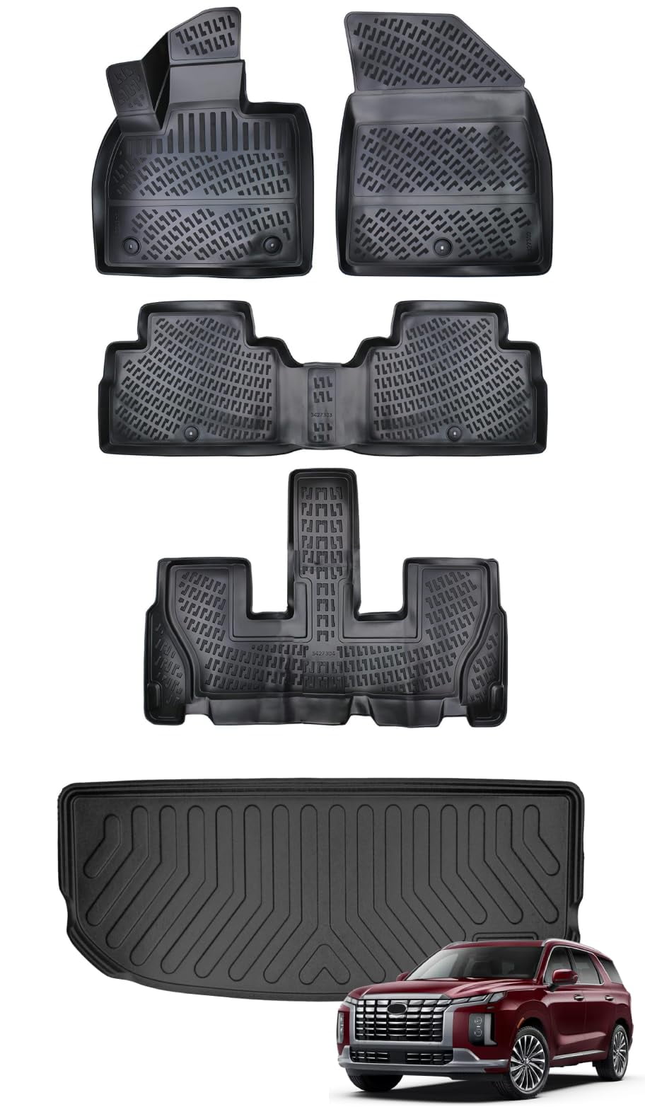 All-Season TPE Floor Mat Set + Trunk Liner For 2020-2024 Hyundai Palisade - 3 Rows, Black, Waterproof