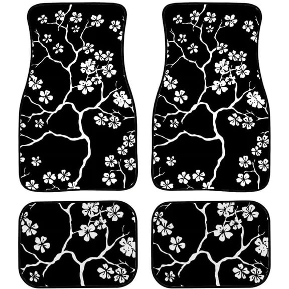 Car Floor Mats Cherry Blossoms Branches Pattern On Black Print Design Carpet Car SUV Truck Floor Mats 4 Pcs Floor Mats