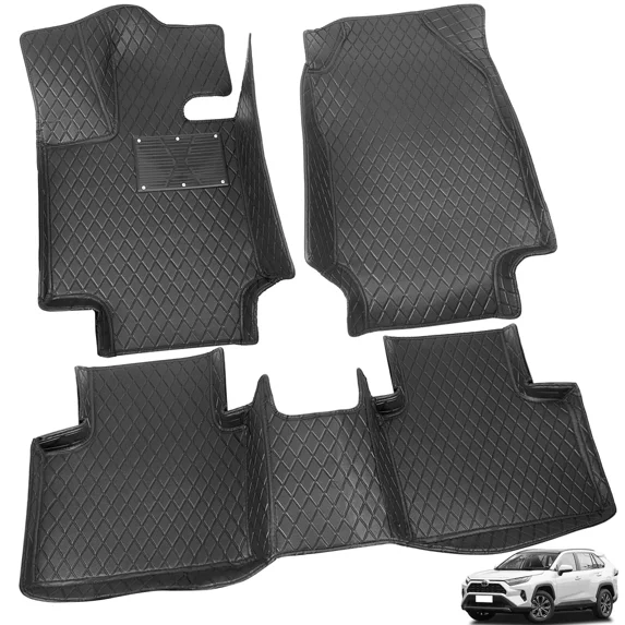 Car Floor Mats Custom Fit for 2019-2023 Toyota RAV4 Hybrid Only, Luxury PU Leather Full Set Floor Liners 3D Modeled All Weather Protection Black