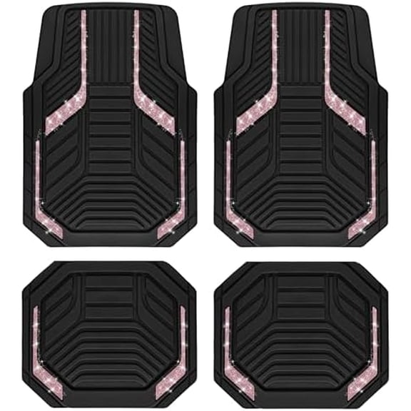 Car Floor Mats, Pink Sparkly Crystal Bling Glitter Car Mats Set, Front and Rear Heavy Duty Rubber Car Mats with Anti-Slip Backing, All Weather, Trim-to-Fit for SUVs, Trucks, Sedan, Vans