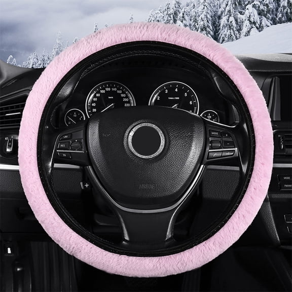 Car Fluffy Steering Wheel Cover, Elastic Soft Plush 15 Inch Steering Wheel Protector, Warm Furry Short Fleece and Non-Slip for Winter, Auto Interior Accessories Universal for Women Girl