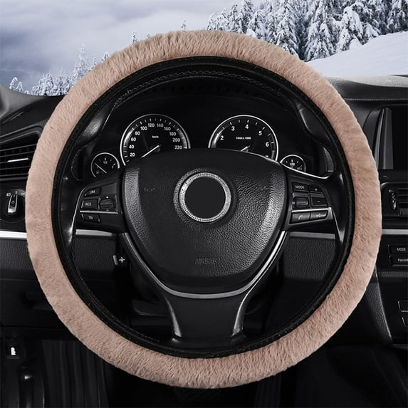 Car Fluffy Steering Wheel Cover, Elastic Soft Plush 15 Inch Steering Wheel Protector, Warm Furry Short Fleece and Non-Slip for Winter, Auto Interior Accessories Universal for Women Girl