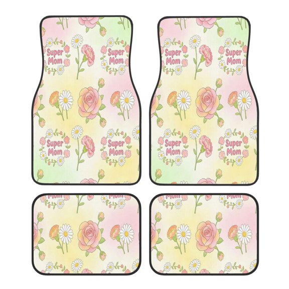 Car Foot Mat 4 Pcs Set Crystal Velvet Non Slip Bottom Quick Install Easy Clean Protect Interior Fit Most Cars Trucks SUVs Super Mom Flower Mother'S Day (4)