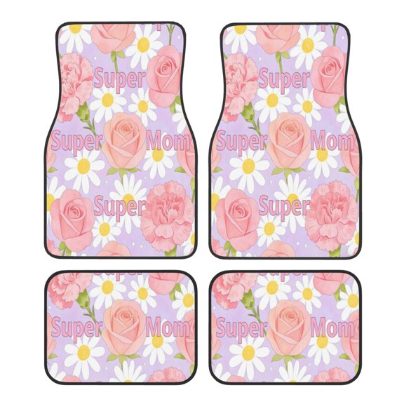 Car Foot Mat 4 Pcs Set Crystal Velvet Non Slip Bottom Quick Install Easy Clean Protect Interior Fit Most Cars Trucks SUVs Super Mom Flower Mother'S Day