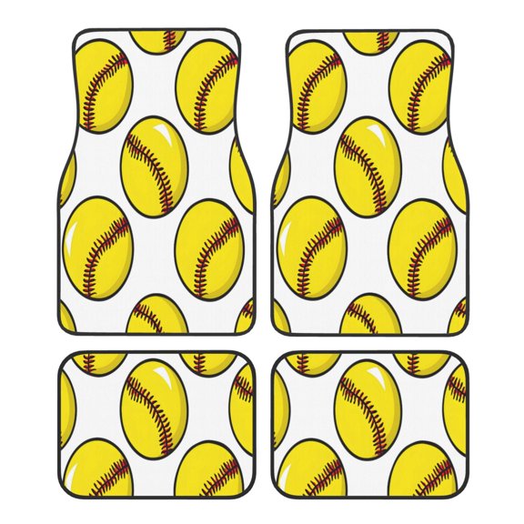 Car Foot Mat 4 Pcs Set Crystal Velvet Non Slip Bottom Quick Install Easy Clean Protect Interior Fit Most Cars Trucks SUVs Yellow Softballs With Red Stitching Clean White Background (4)